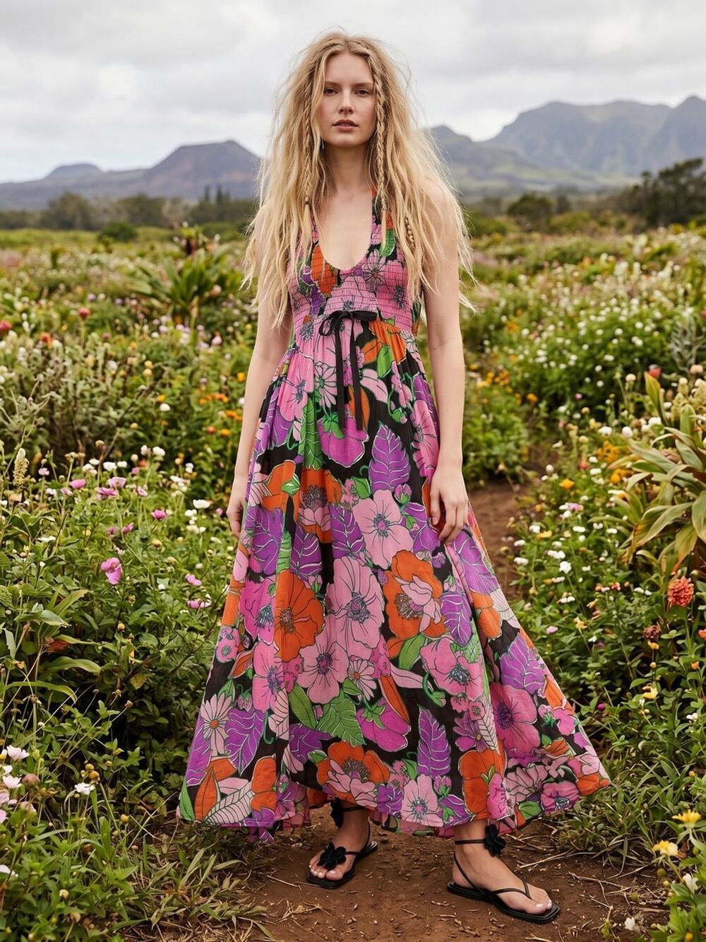 Free People Bohemian Retro 70s Beachy Bayside Florals Halter Maxi Dress Small